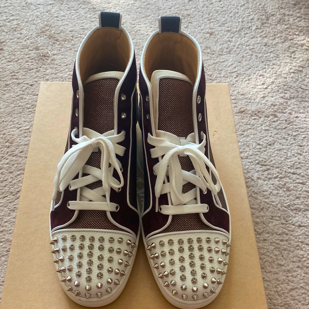 Christian Louboutin white, Burgundy, blue with silver spikes